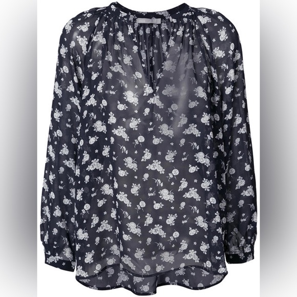Vince Calico Floral Print Silk Blouse In Coastal Blue - Picture 9 of 16